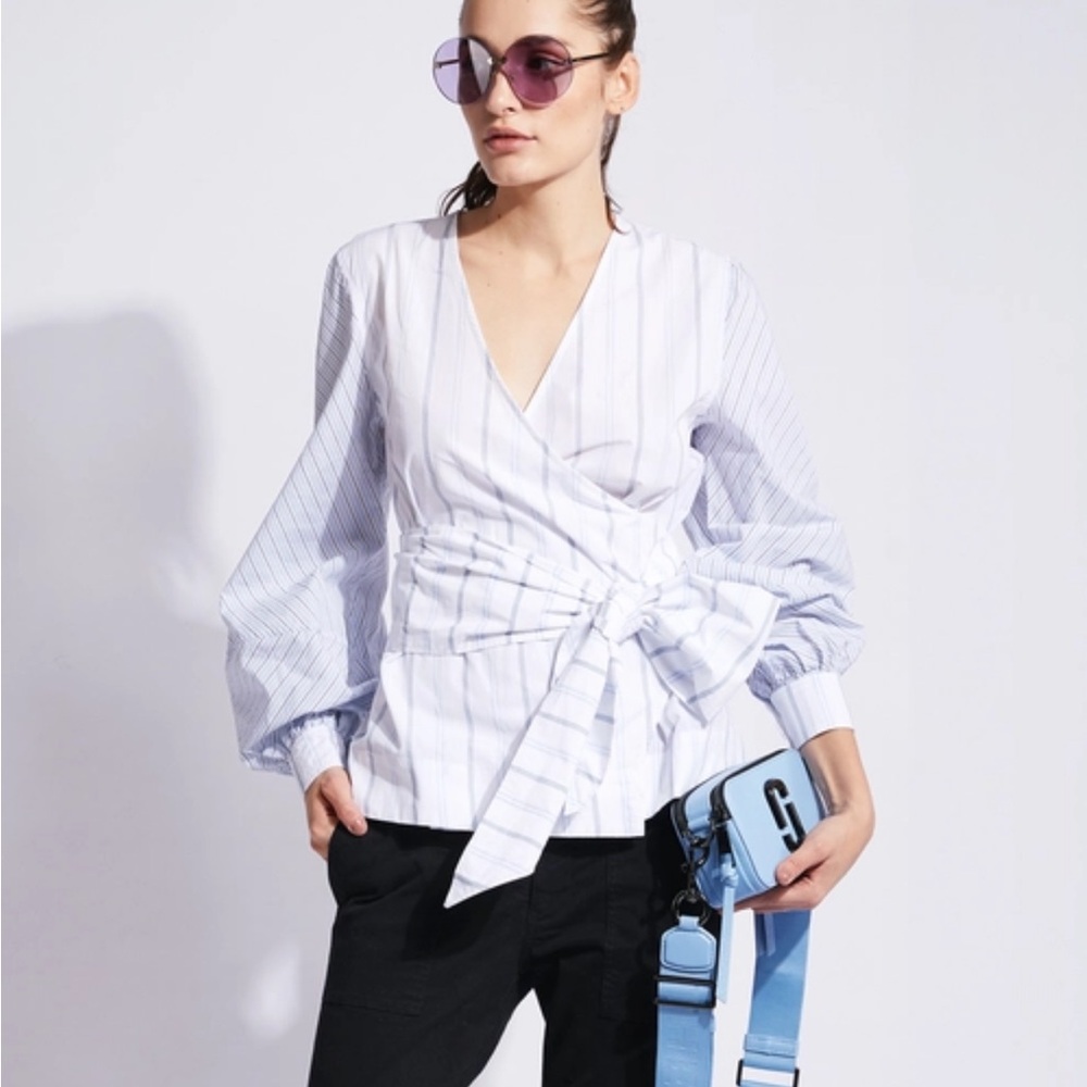 Ganni Striped Wrap Blouse White Blue FR 36‎ US 4